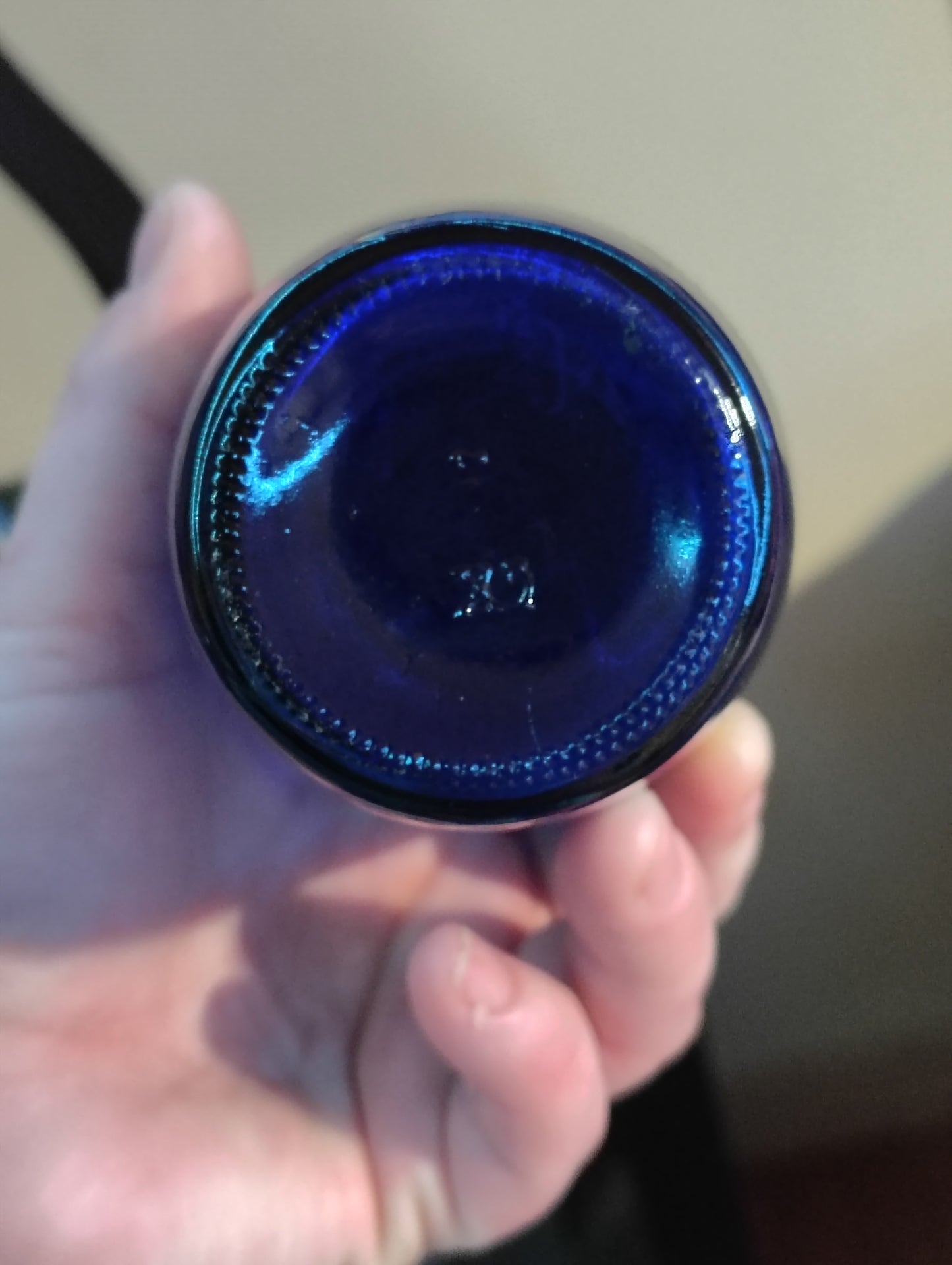 Antique 1930s Japanese bottle with art painted and cork in top, blue glass, immaculate condition....